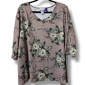 Catherines Plus 1XP 18/20 brown floral design casual stretch top fall 3/4 sleeve